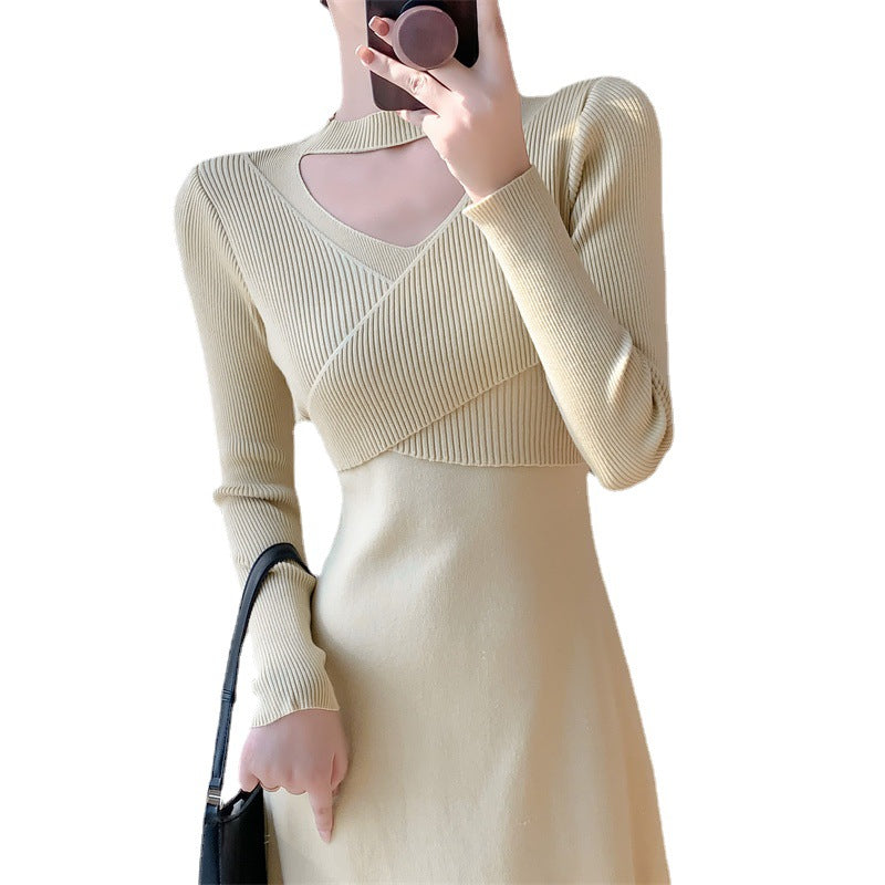 Damen Strickkleid Wickeldesign Cut-Out Elegant