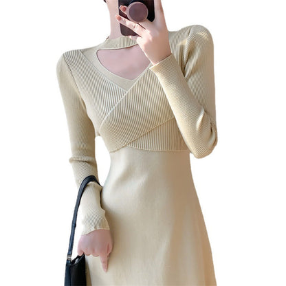 Damen Strickkleid Wickeldesign Cut-Out Elegant