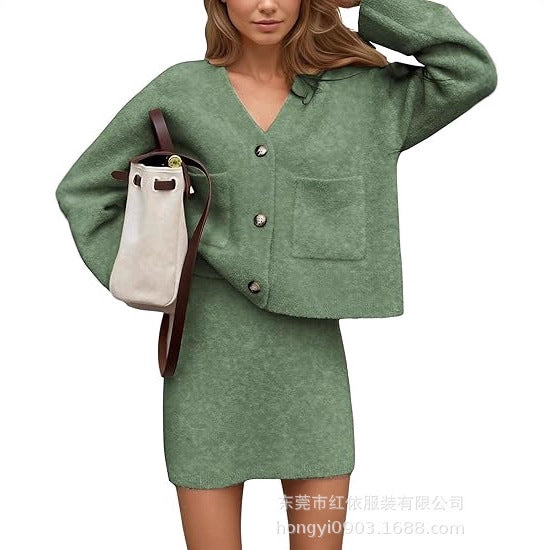 Damen Strickensemble V-Ausschnitt Knopfdetail Beige - Eveloria