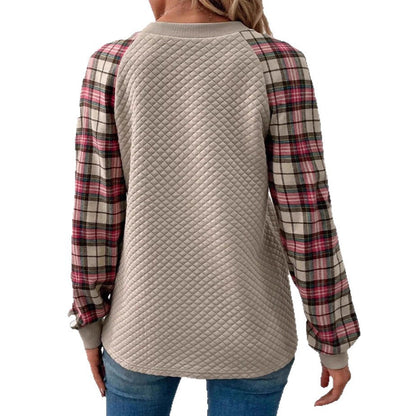 Damen Sweatshirt Gitterstruktur Karierte Ärmel Eveloria