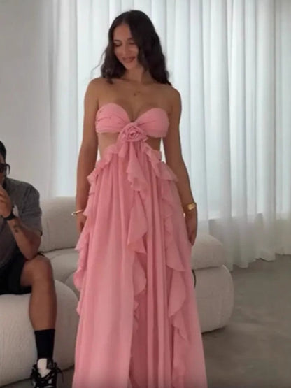 Damen Maxikleid aus Fließendem Stoff mit Rüschendetails und