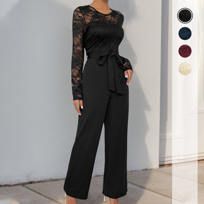 Damen Jumpsuit Spitzenoberteil Taillengürtel Schwarz Eveloria - Eveloria