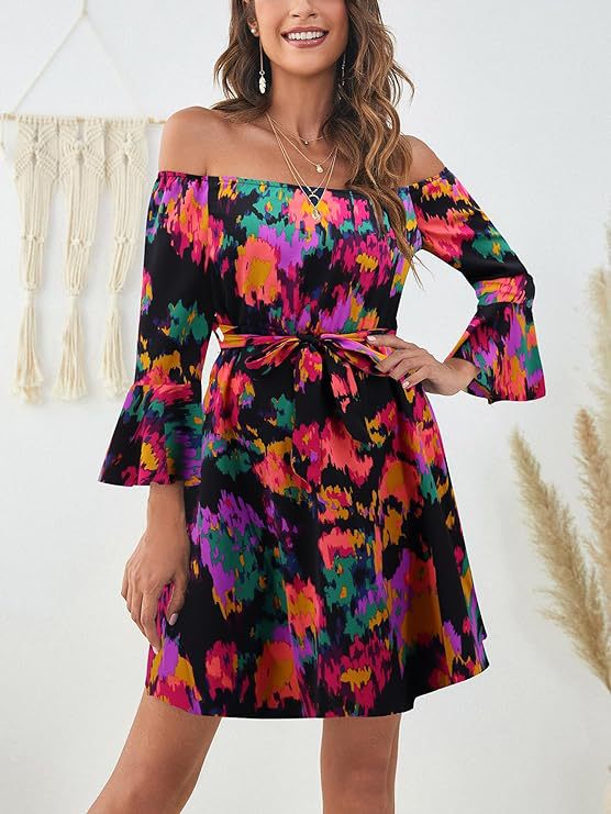 Damen Off-Shoulder Kleid Bunt Muster Eveloria