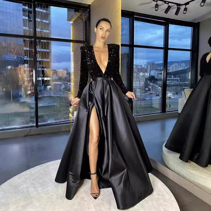 Damen Abendkleid tiefes V mit Glanzakzenten Eveloria