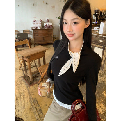 Damen Langarmshirt Gemustert Elegant Kragen Weiß
