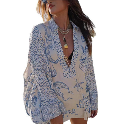Damen Strandbluse Maritim Stickerei Blau