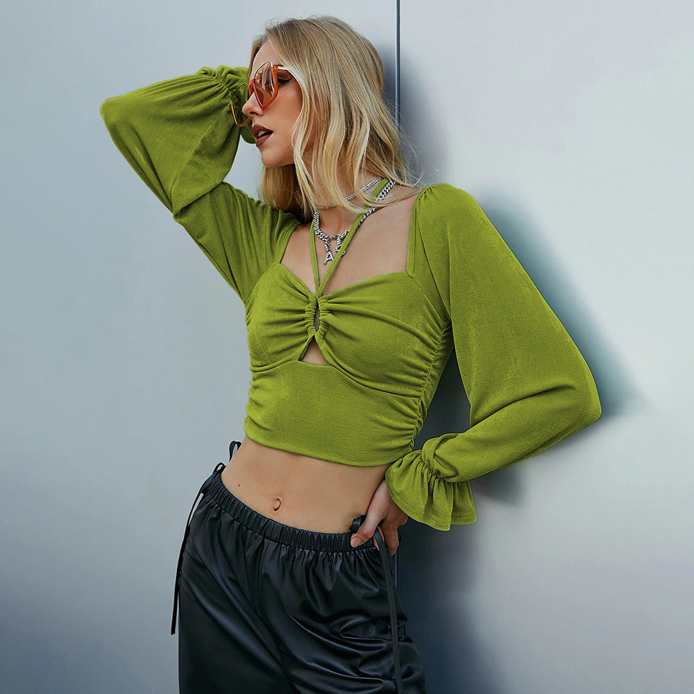 Damen Cropped Langarmshirt Rüschen-Design Knoten-Detail - Eveloria