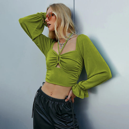 Damen Cropped Langarmshirt Rüschen-Design Knoten-Detail - Eveloria