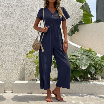 Damen Jumpsuit Knopfdetails Weite Beine Eveloria