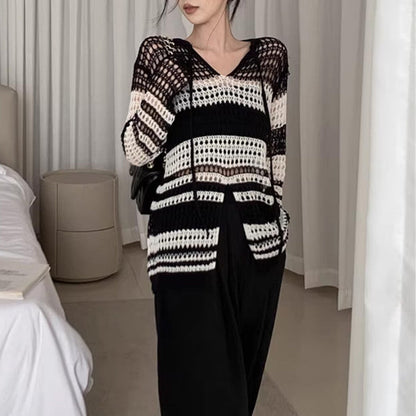 Damen Strickpullover Luftiger Netzdesign Langer Ärmel Eveloria