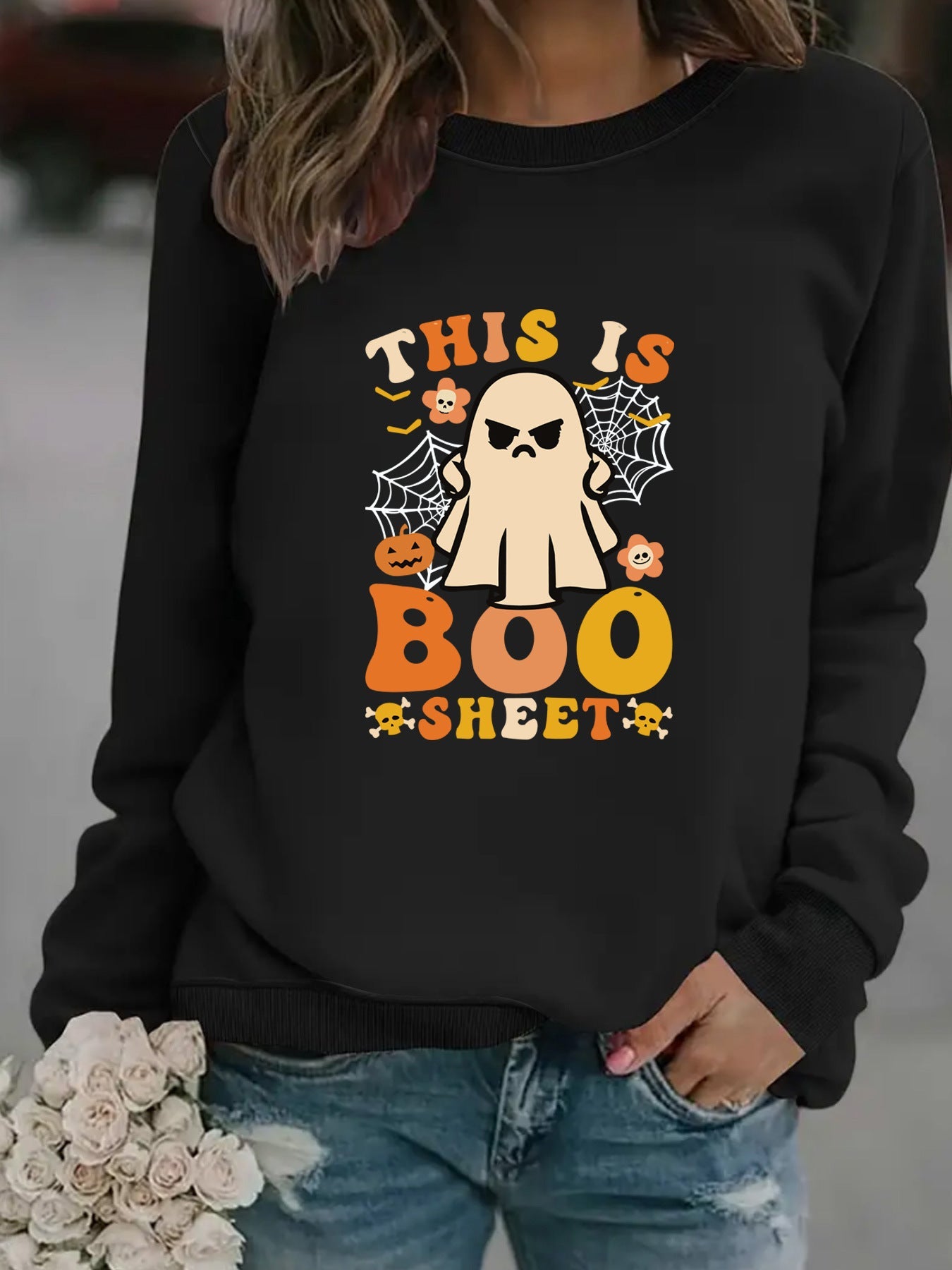 Damen Sweatshirt Herbst-Print Lässiger Schnitt Beige