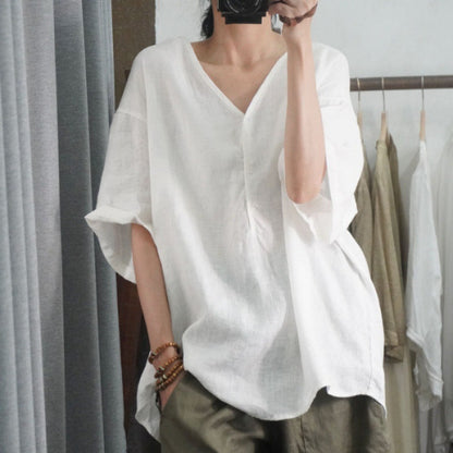 Damen Leinen T-Shirt Oversized V-Ausschnitt Beige