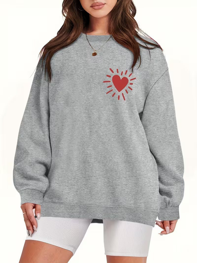 Damen Sweatshirt Lässig Übergroß Herzmotiv Grau