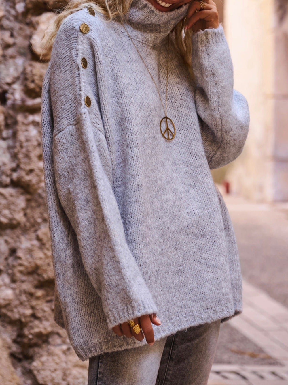 Damen Oversized Strickpullover Hochkragen Dekorative Knöpfe