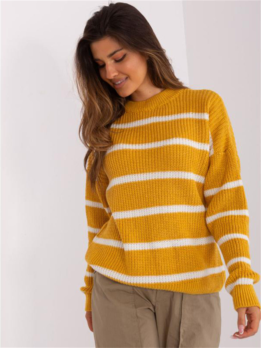 Damen Grobstrickpullover Lässiges Streifenmuster Rundhalsausschnitt
