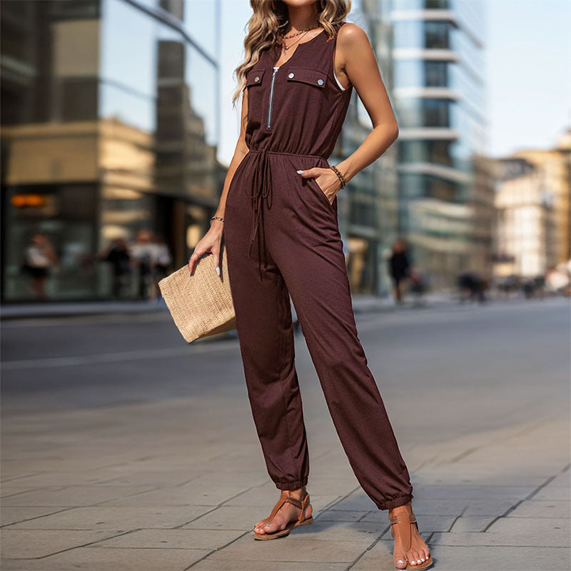 Damen Jumpsuit mit Taschen und verstellbarem Taillenzug
