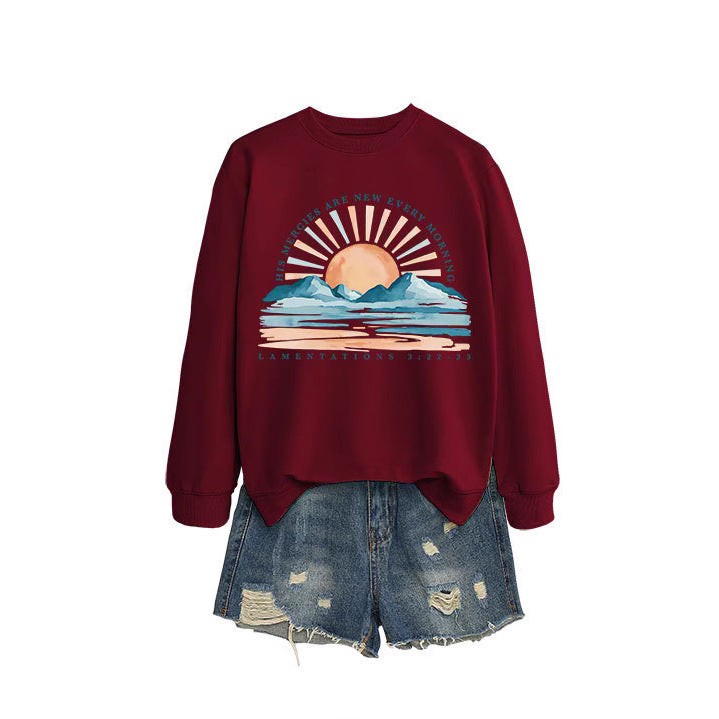 Damen Sweatshirt Lässiger Schnitt Sonnenaufgangsdesign Grau