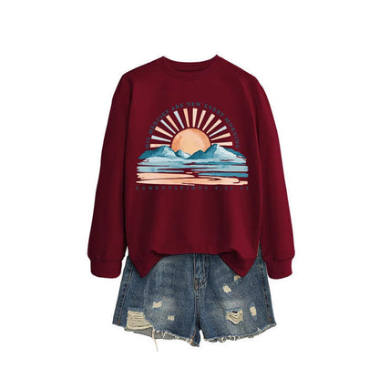 Damen Sweatshirt Lässiger Schnitt Sonnenaufgangsdesign Grau