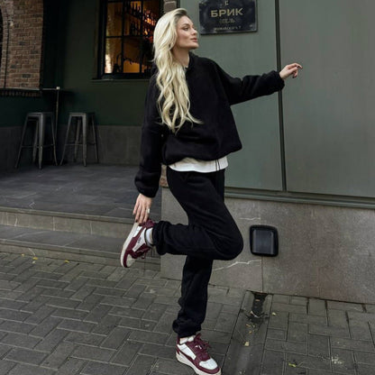 Damen Fleece-Jogginganzug Hochbündig Mit Taschen Grau Eveloria