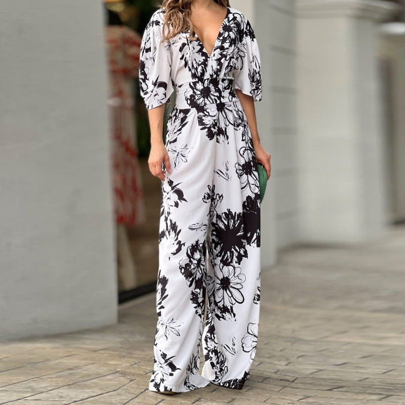 Damen Jumpsuit Florales Design Weite Beinöffnung