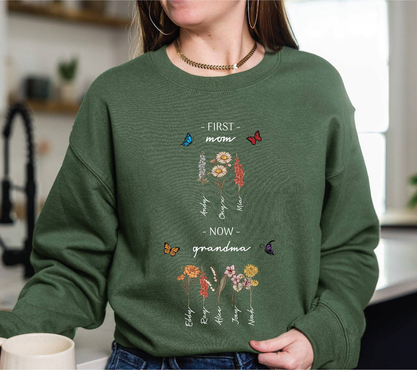 Damen Sweatshirt Floralmuster Mit Schriftzug Beige