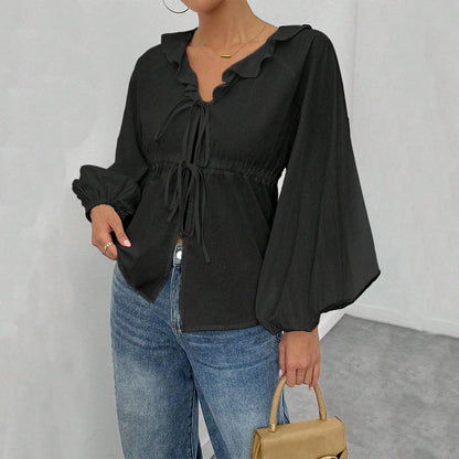 Damen Shirtjacke Bluse Ärmel Voluminös Rüschendetails Eveloria - Eveloria