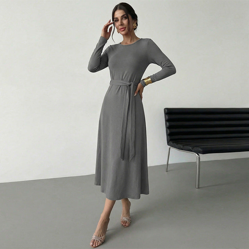 Damen Midikleid Tailliert Gürtel Langer Arm Eveloria
