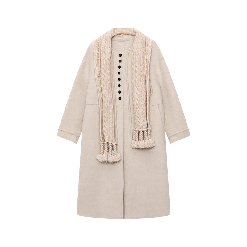 Damen Wolljacke Lang Knopf- und Kordelzugdetails Braun