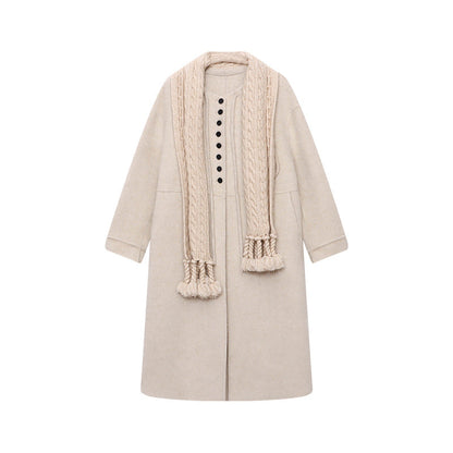 Damen Wolljacke Lang Knopf- und Kordelzugdetails Braun