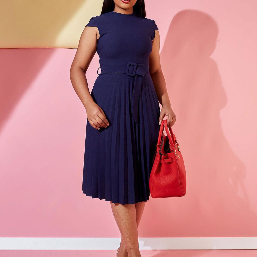 Damen Plissee Kleid mit Stehkragen und Taillengürtel Eveloria