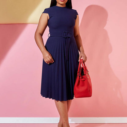 Damen Plissee Kleid mit Stehkragen und Taillengürtel Eveloria