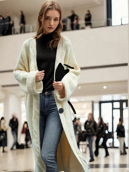 Damen Grobstrick Cardigan mit Fransen und Knöpfen Beige