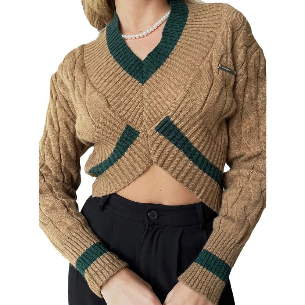Damen Cropped Strickpullover V-Ausschnitt Kontrastdetails