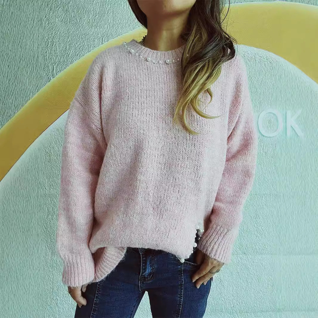 Damen Pullover Kuschelfaser Filigrane Perlenverzierung Anthrazit - Eveloria