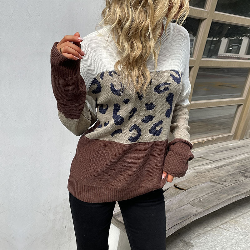 Damen Strickpullover Tiermuster Farbblockdesign Grau Beige
