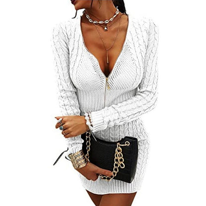 Damen Strickkleid Reißverschluss Zopfmuster Eveloria