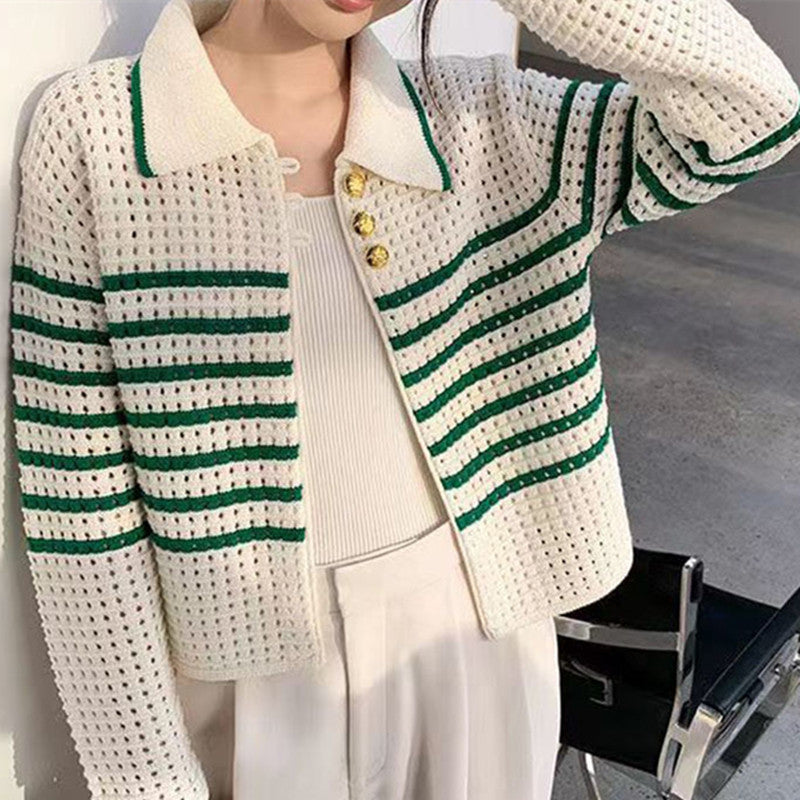 Damen Strickcardigan Maritimes Streifenmuster Knöpfe Beige - Eveloria