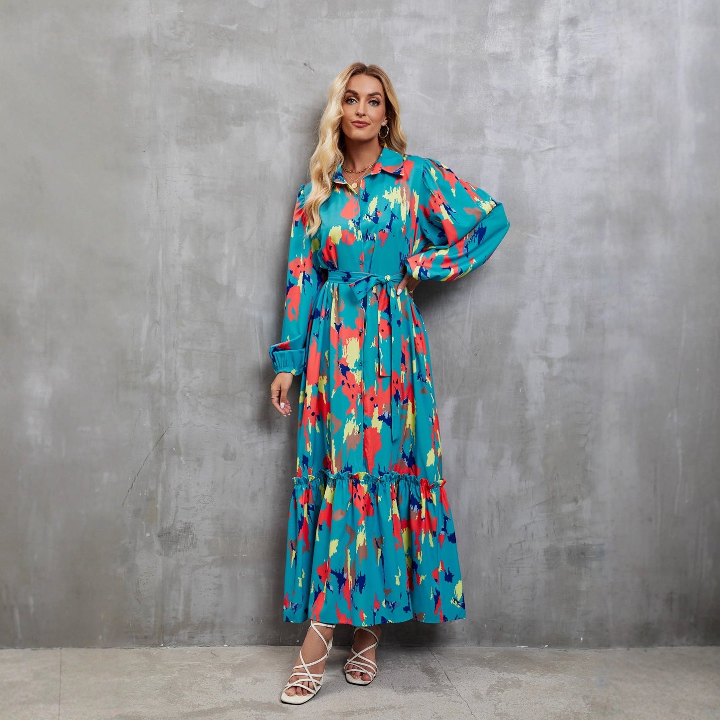 Damen Maxi-Kleid Langarm Floralmuster Eveloria