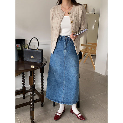 Damen Denimrock Lang Modische Taschen Blau Eveloria