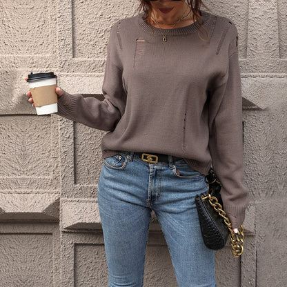 Damen Strickpullover Lässig Rüschendetails Beige - Eveloria