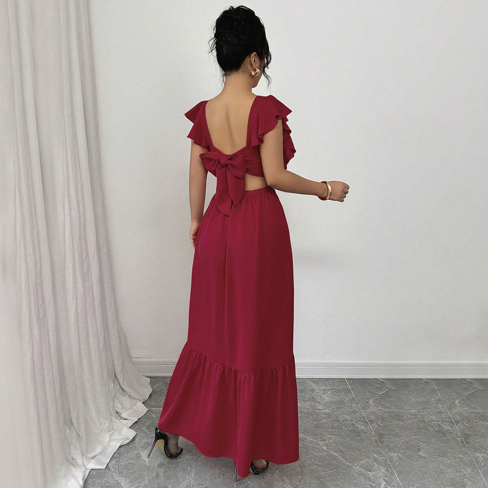 Damen Maxikleid Voluminöse Rüschen Rückenausschnitt Eveloria