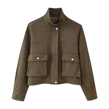 Damen Utility-Jacke Doppelbrusttaschen Reißverschluss Eveloria