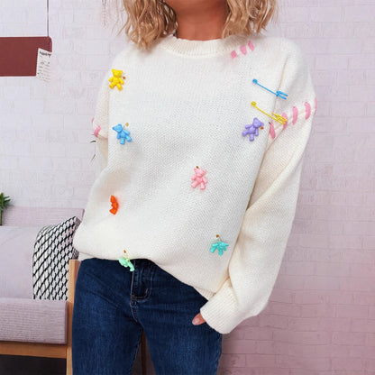 Damen Pullover Bunte Applikationen Weite Passform