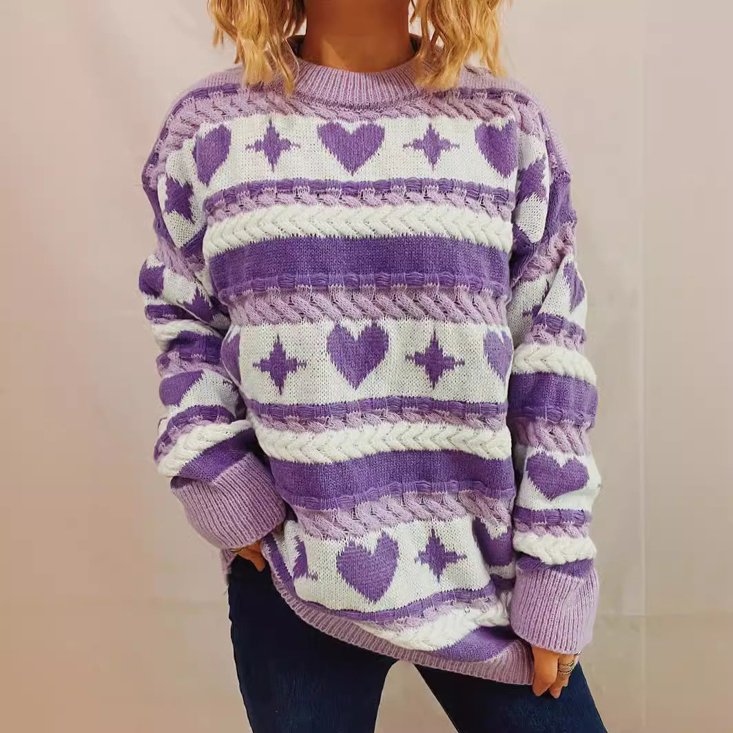 Damen Pullover Herzförmiges Muster Breite Streifen Grobgestrickt - Eveloria