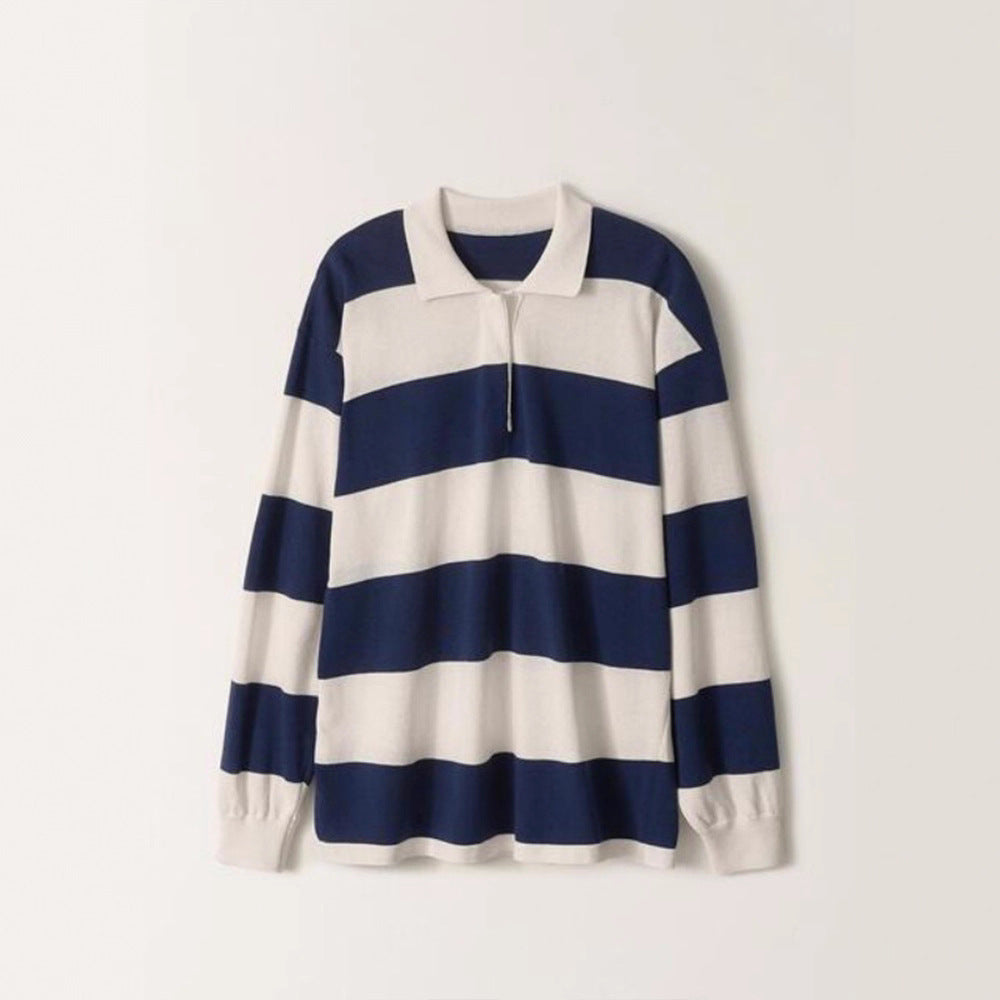 Damen Poloshirt Längsarm Gestreift Blau-Weiß