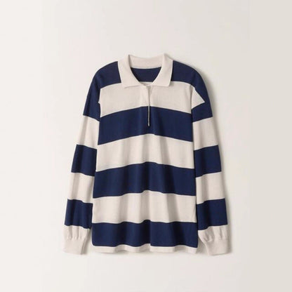 Damen Poloshirt Längsarm Gestreift Blau-Weiß