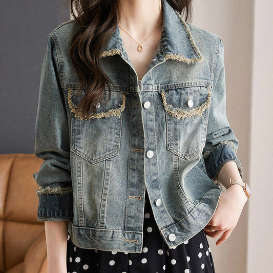 Damen Denimjacke Lässig Mit Fransen Blau - Eveloria