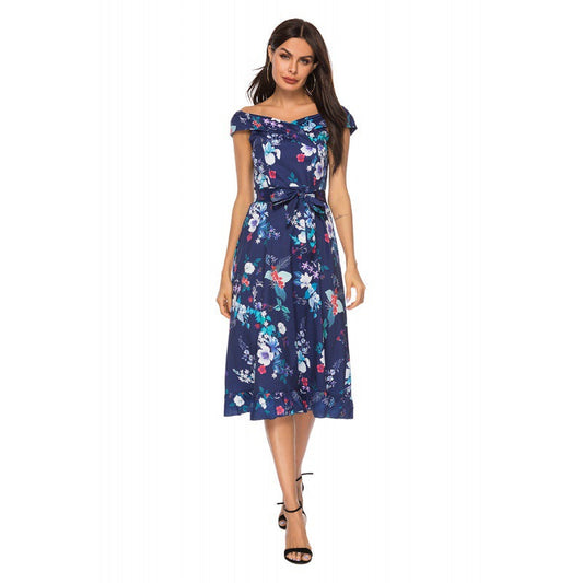 Damen Midikleid Blumendesign Tailliert Rüschen Schwarz - Eveloria