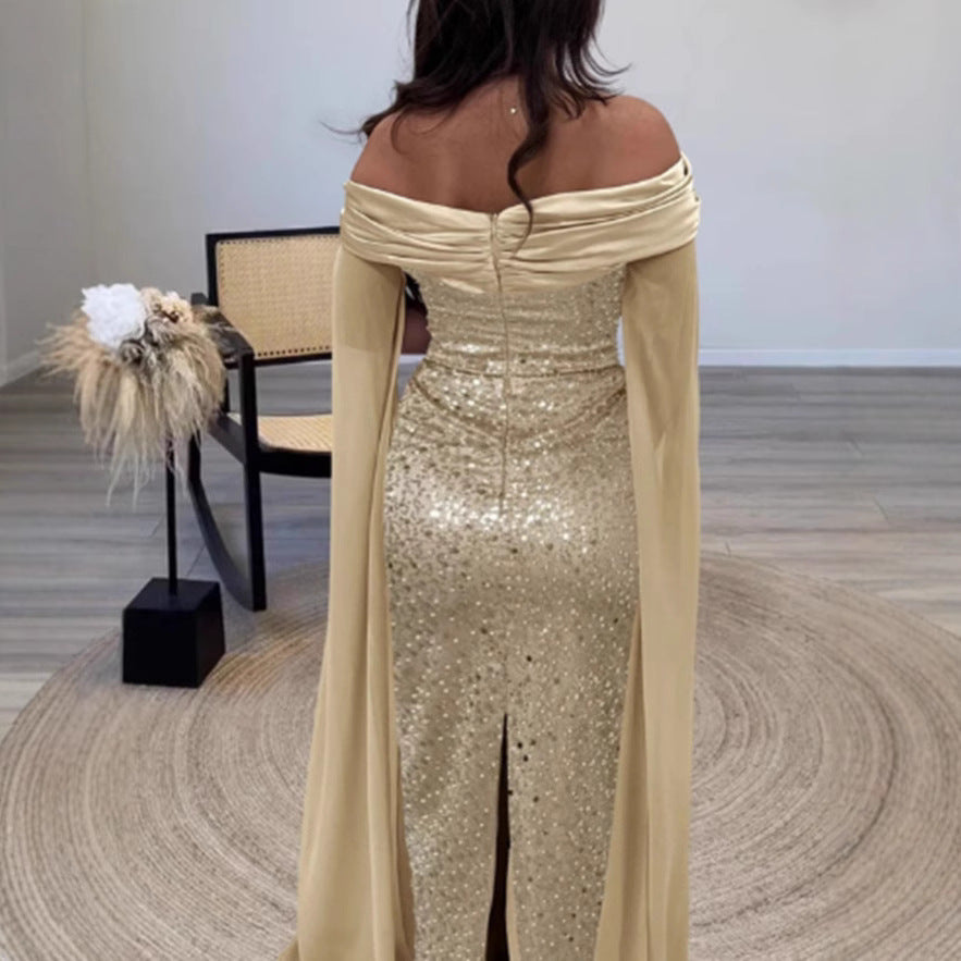 Damen Abendkleid Schulterfrei Glitzernd Langärmlig Eveloria