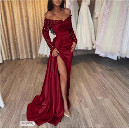 Damen Abendkleid Schimmerstoff Glitzerärmel Eveloria